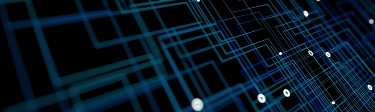 Medium angle of blue digital grid with glowing white particles.