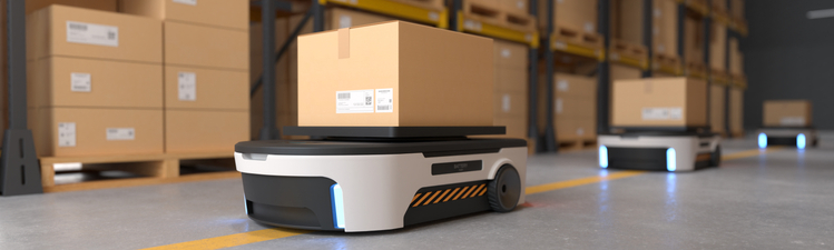 Close-up 3d rendering of robot transporting boxes in warehouse.