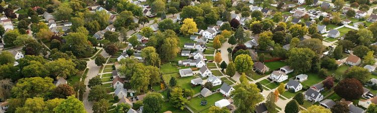 Aerial of American suburban neighborhood.