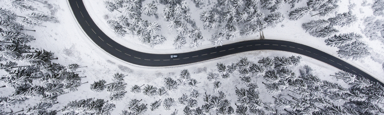 Road through the wintery forest - aerial view
