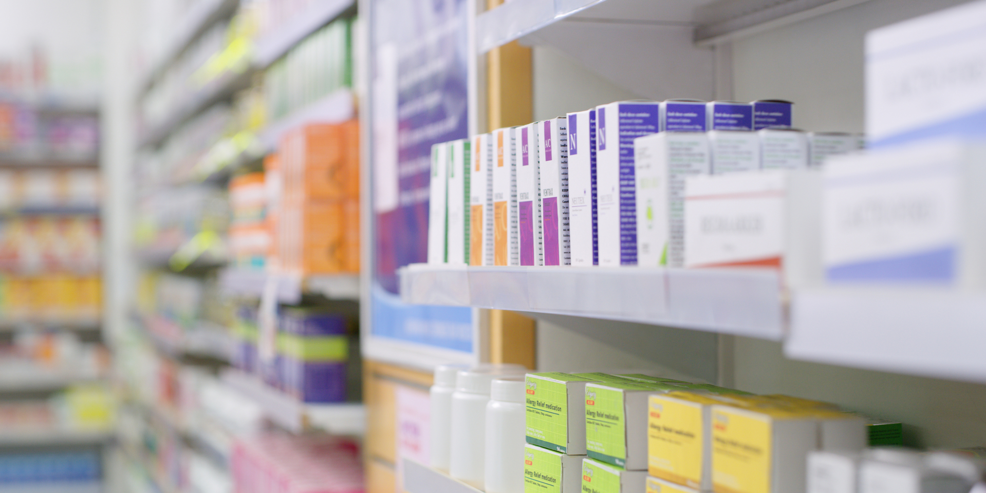 Shot of shelves stocked with various medicinal products in a pharmacy