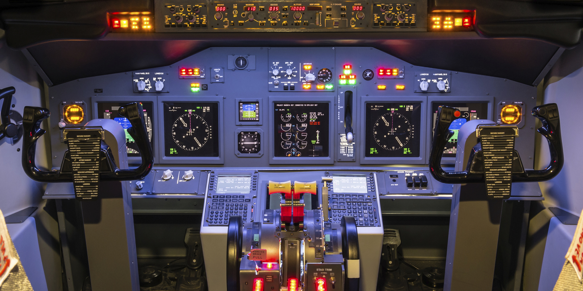 Medium angle of a flight simulator cockpit.