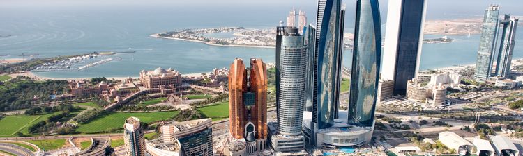 Aerial of skyscrapers and high-rises in Abu Dhabi.