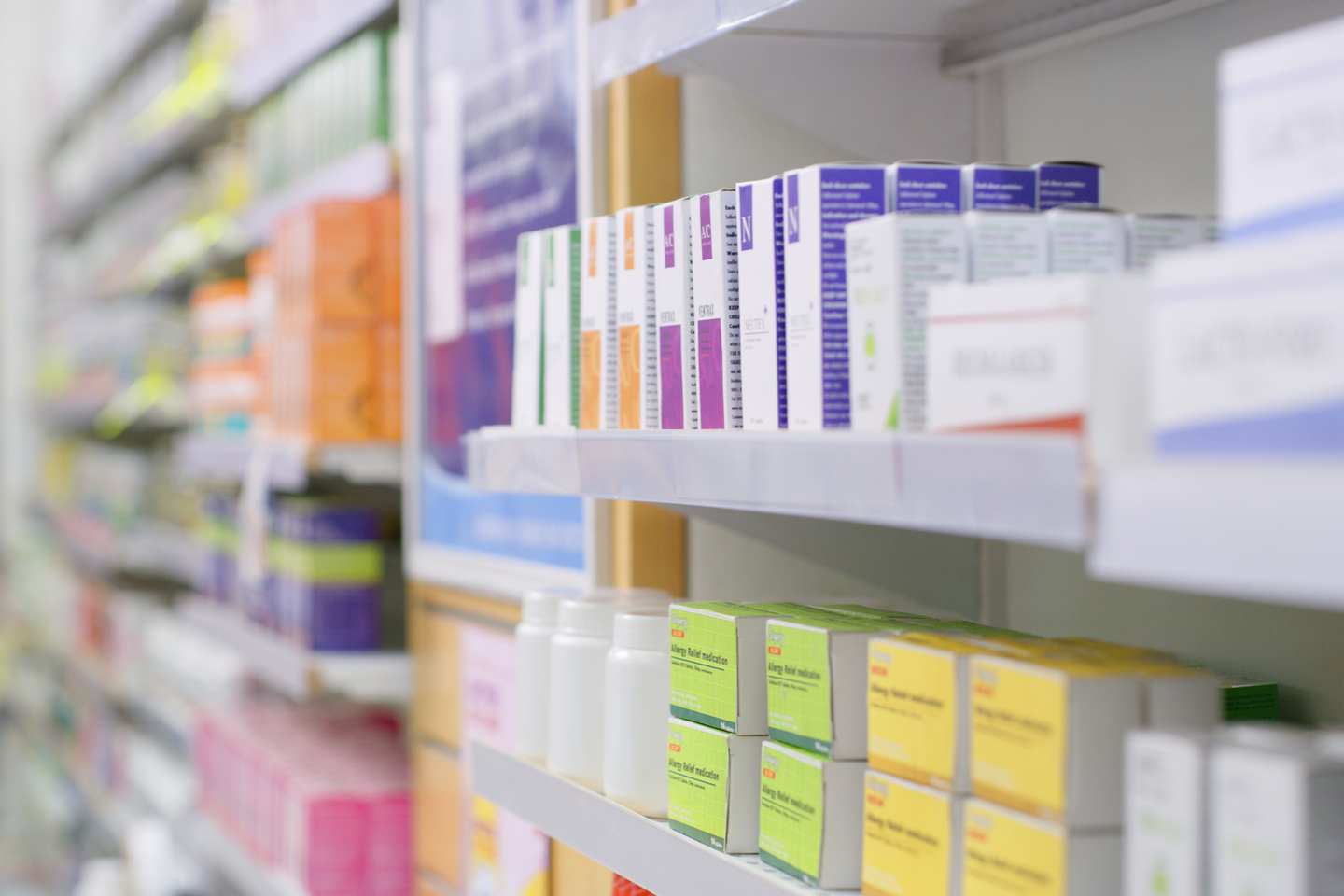 Shot of shelves stocked with various medicinal products in a pharmacy