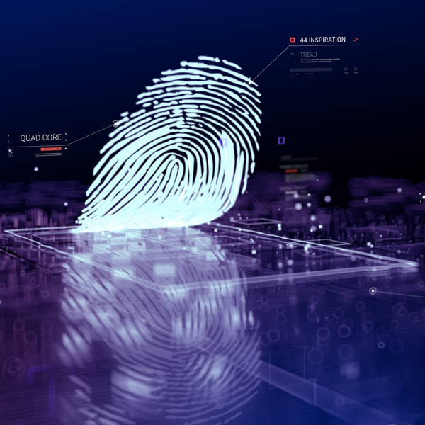 Close-up of neon fingerprint on digital touch pad.