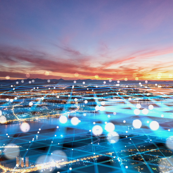 Composite image of modern city network communication concept