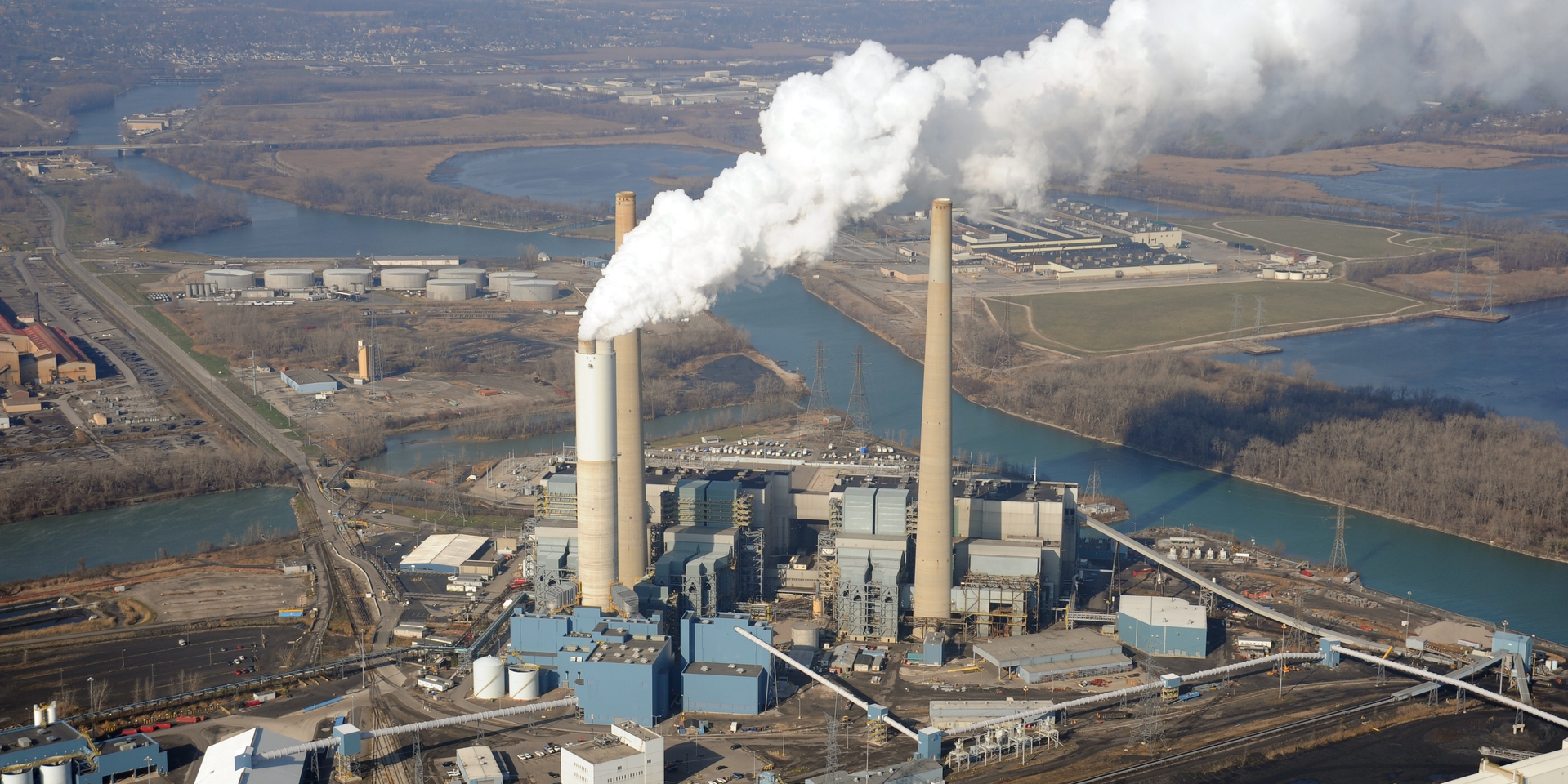 Aerial view of a coal fired power station, south of Detroit, Michigan USA. The coal supply is seen at the bottom of the image. 