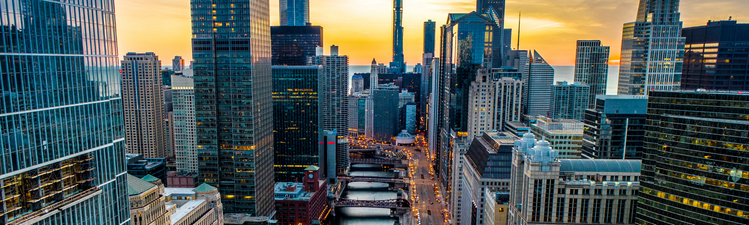 View of the Chicago River and Skyline at Sunrise.