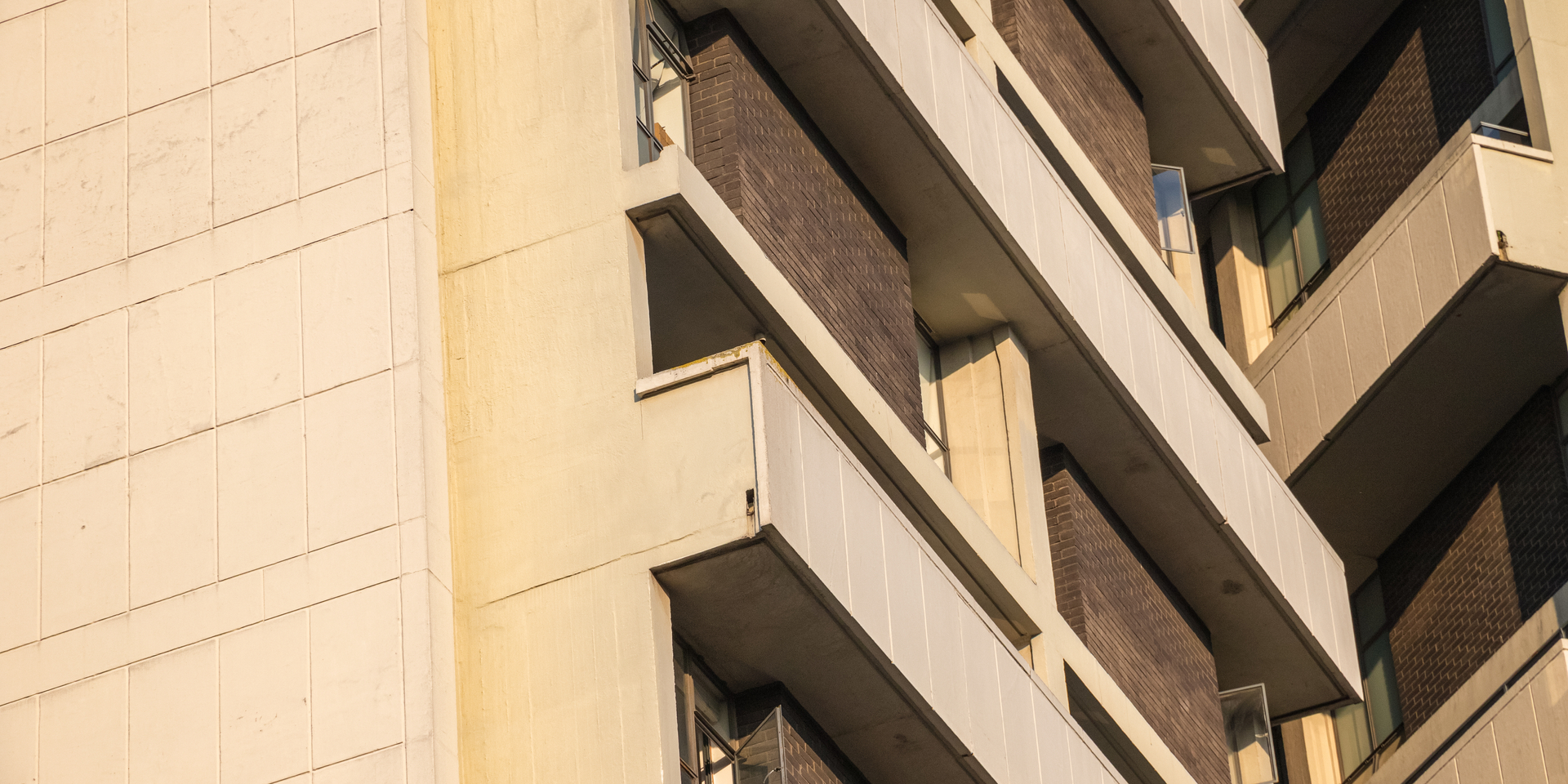 Close-up of exterior Keeling House apartment building in Bethnal Green, London, UK.