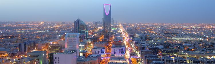 Wide angle of Riyadh, Saudi Arabia city skyline at dusk.
