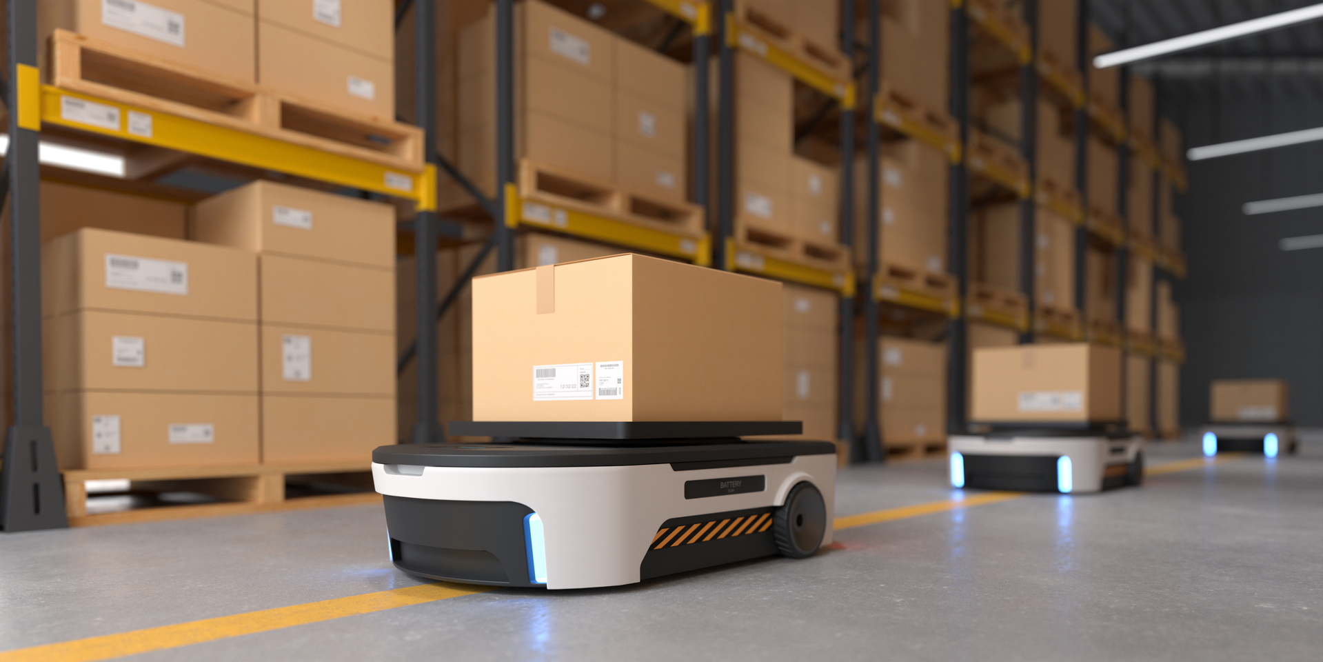 Close-up 3d rendering of robot transporting boxes in warehouse.