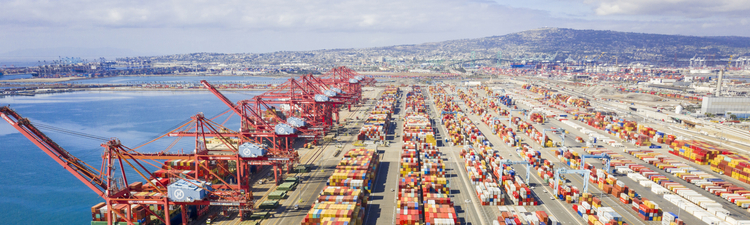 Aerial image of containers in the Port of Long Beach, California.