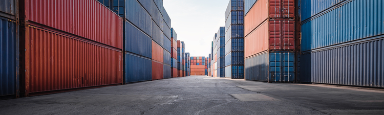 Container Cargo Port Ship Yard Storage Handling of Logistic Transportation Industry. Row of Stacking Containers of Freight Import/Export Distribution Warehouse. Shipping Logistics Transport Industrial