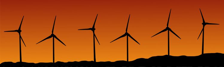 Wide angle digital rendering of silhouetted offshore wind farm at sunset.