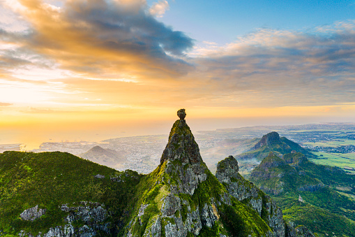 Pastel colors at sunset over Le Pouce and Pieter Both  mountains, aerial view, Moka Range, Port Louis, Mauritius