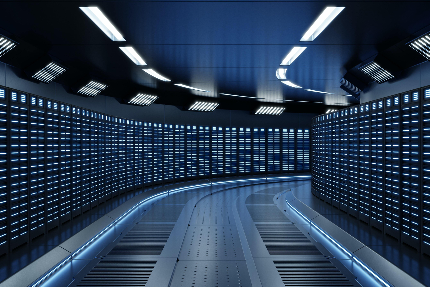 Wide angle of futuristic data center.