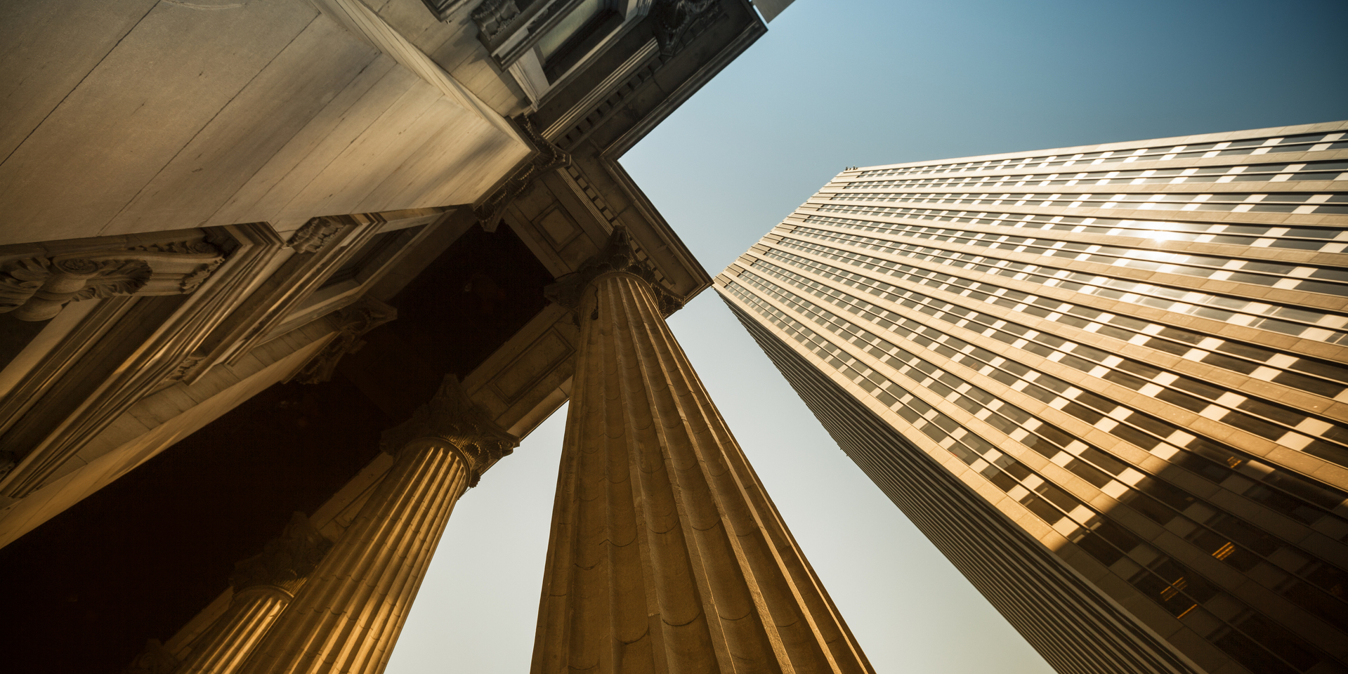 Business and financial district in a city with pillars