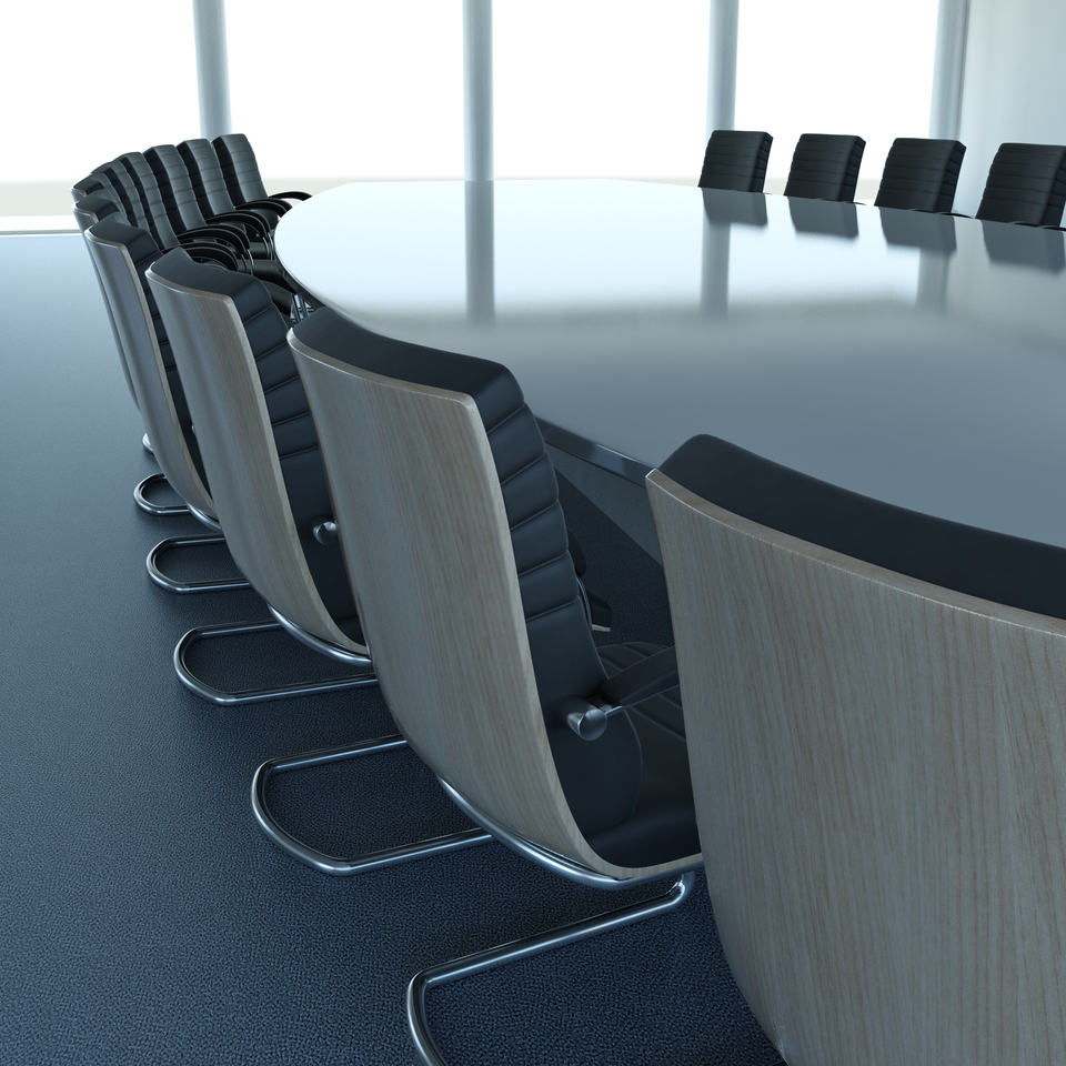 View of a table and chairs in a corporate boardroom. Very high resolution 3D render.