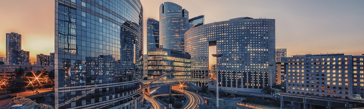 Wide angle of La Defense business district in Paris, France.
