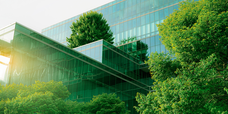 Medium angle of eco-friendly, modern office building.