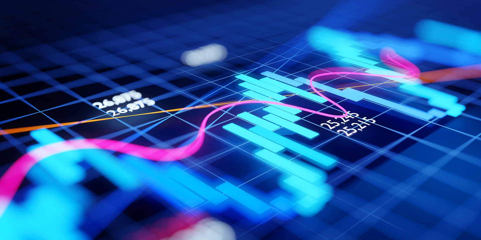 Close up and focused stock market business investment candlestick chart - Economy and trading concept. 3D illustration.
