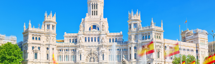 Fountain of the Goddess Cibeles (Fuente de La Diosa Cibeles) and Cibeles Center or  Palace of Communication, Culture and Citizenship Centre in the Cibeles Square of Madrid.