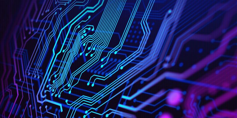 Medium angle digital rendering of a blue and purple abstract circuit board.