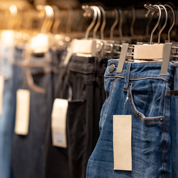 Close-up of denim jeans in varying colors hanging on clothes rack.