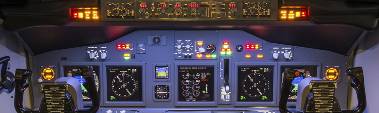 Medium angle of a flight simulator cockpit.