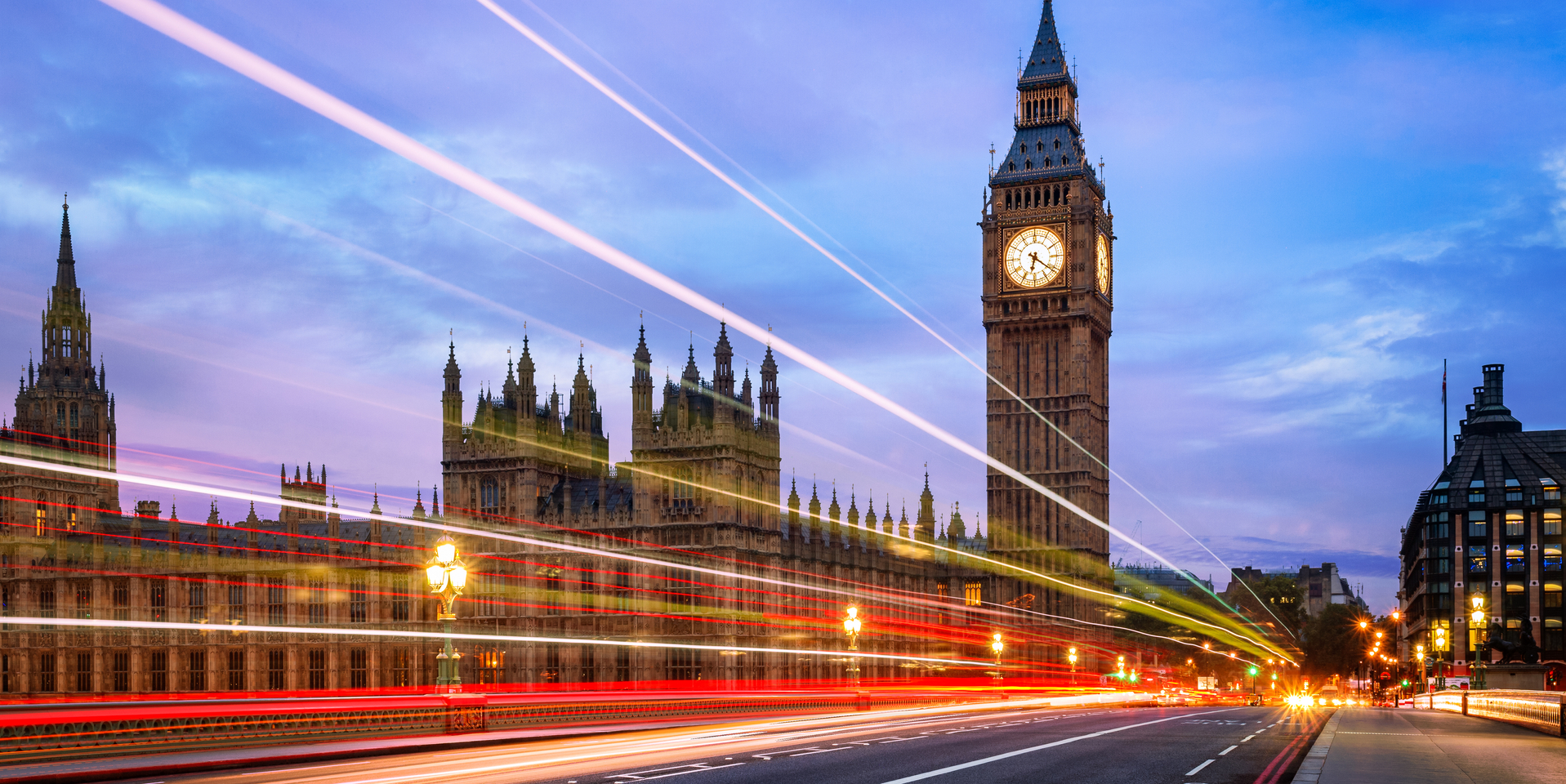 Light Trails, Blue Hour, Big Ben, Westminster Bridge, London, England.