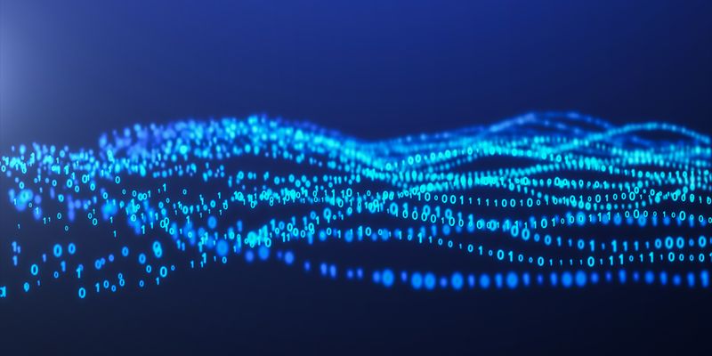 Close-up digital rendering of a binary code wave.