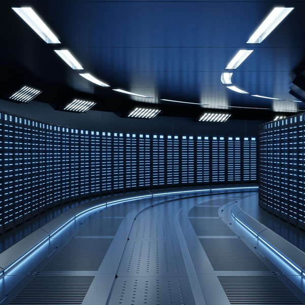 Wide angle of futuristic data center.