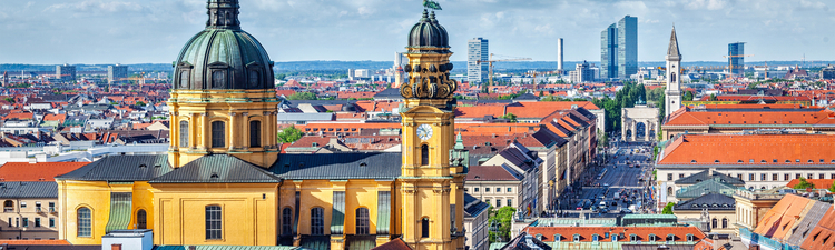 Aerial view of Munich over Theatine Church of St. Cajetan (Theatinerkirche St. Kajetan) and Odeonplatz, Munich, Bavaria, Germany in day time