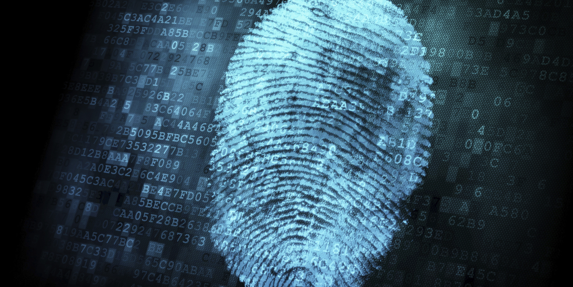 Close-up of neon fingerprint with overlay of numerical data.