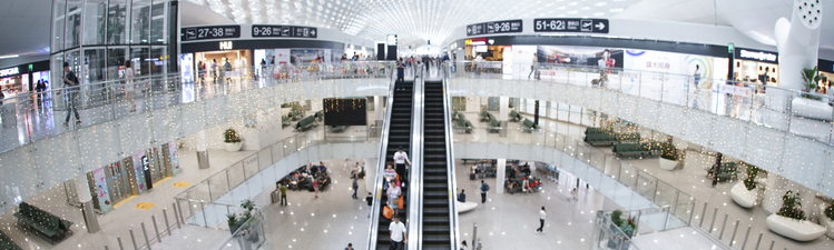 Wide angle of interior of Shenzhen Bao'an International Airport, China.
