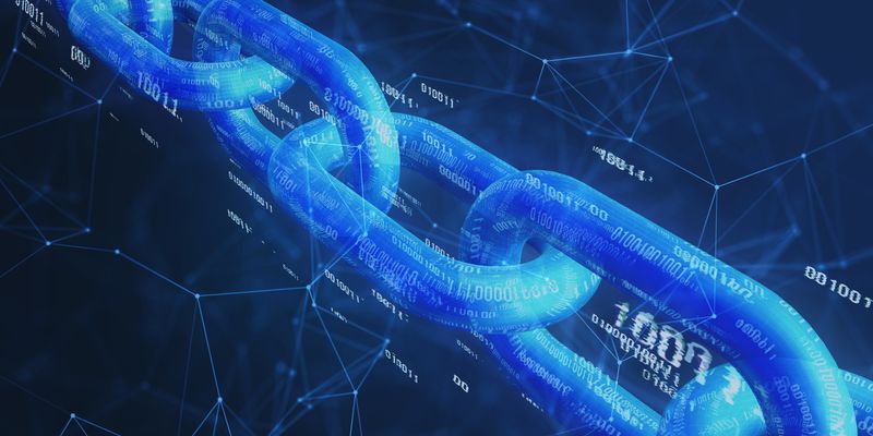 Close-up of abstract chain with binary network data.