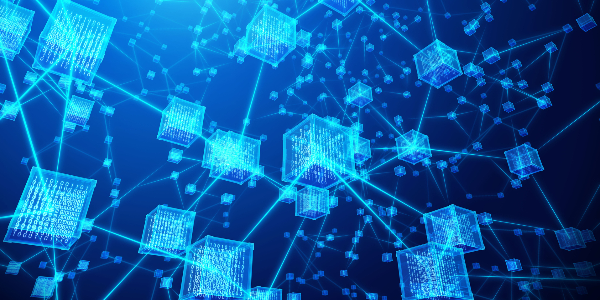 Blockchain concept of a transparent cube with encryption data code and network.